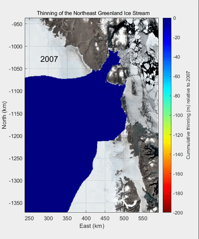 Graphic shows the projected thinning of the Northeast Greenland Ice Stream over the next 60 years