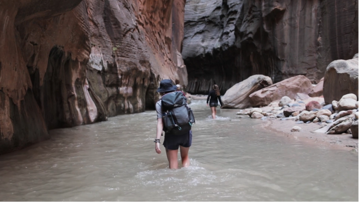 walking through a river