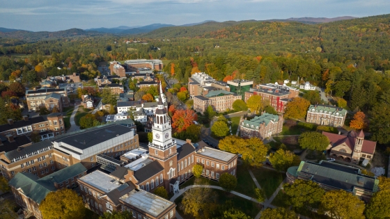 Aerial of Dartmouth campus in the fall