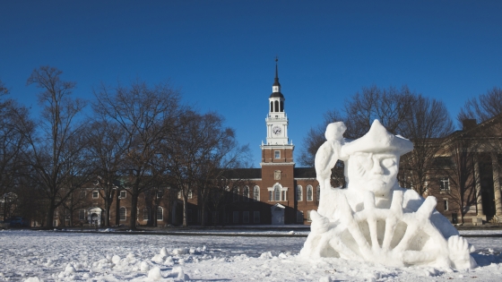 Pirate and parrot snow sculpture in front of Baker library