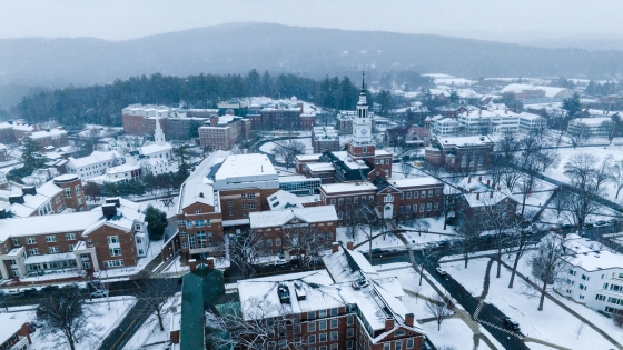 Aerial of Dartmouth campus covered with snow