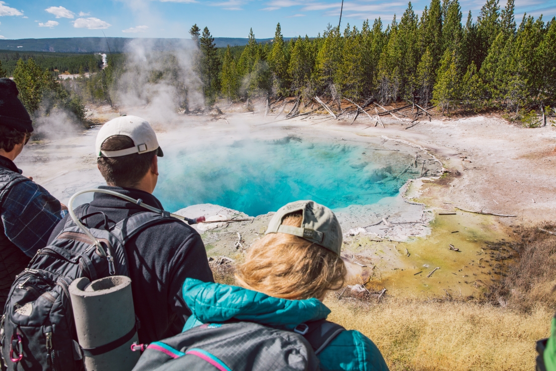 Students observing the hot springs in Yellowstone National Park.