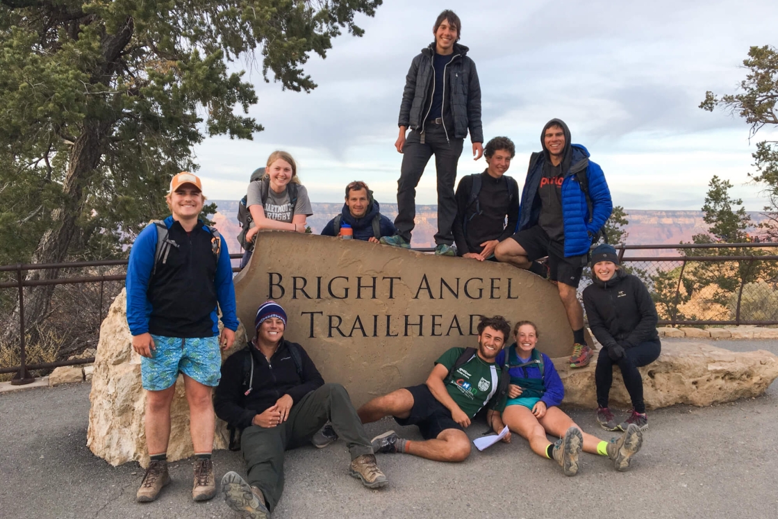 On the last full day of the Stretch, the students pose in front of the Grand Canyon’s Bright Angel Trailhead sign.