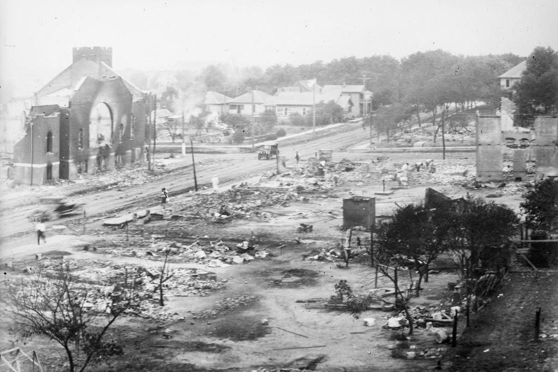 ]: Ruins of a Black neighborhood destroyed by a white mob during the 1921 Tulsa Massacre