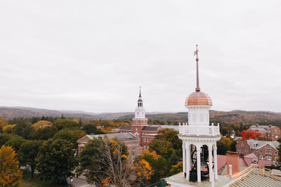 Aerial view of Dartmouth Hall and Baker Tower steeples in fall