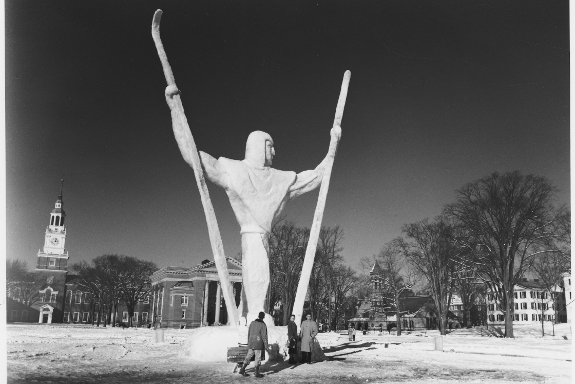 Sculpture of a Norwegian ski god holding skis