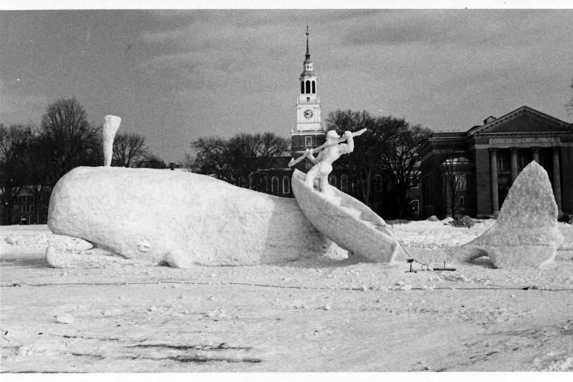Snow sculpture of Ishmael and Moby Dick battling