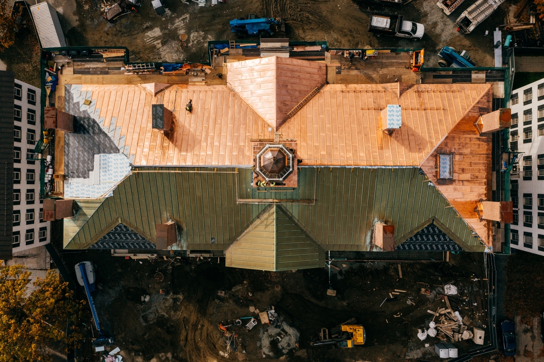 Drone view of Dartmouth Hall new copper roof