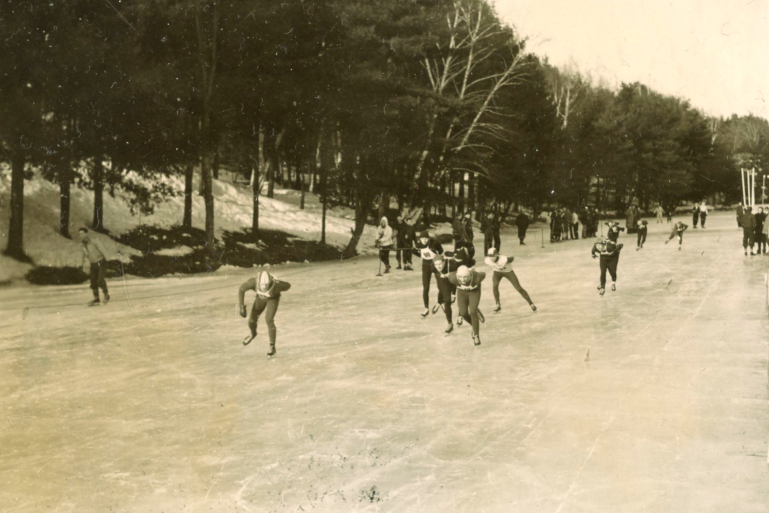 Skaters racing each other on Occom Pond