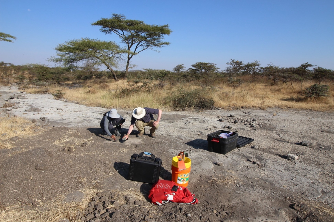 Anjali Prabhat ’20 and Jeremy DeSilva excavate Site A footprints at Laetoli, Tanzania.