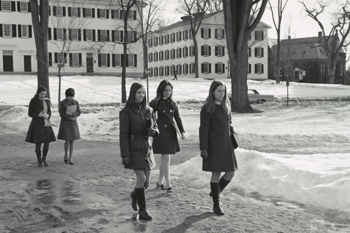 Five co-eds walking on a wintery Green in 1972