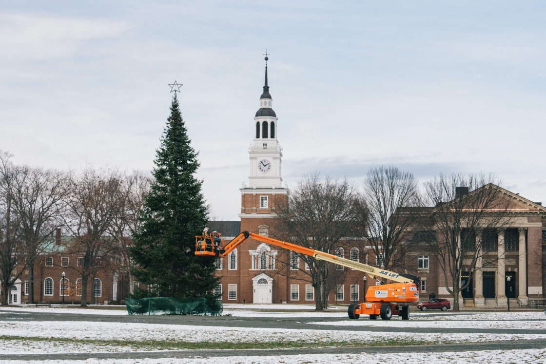 Christmas tree, Baker library, and hydraulic lift to decorate tree