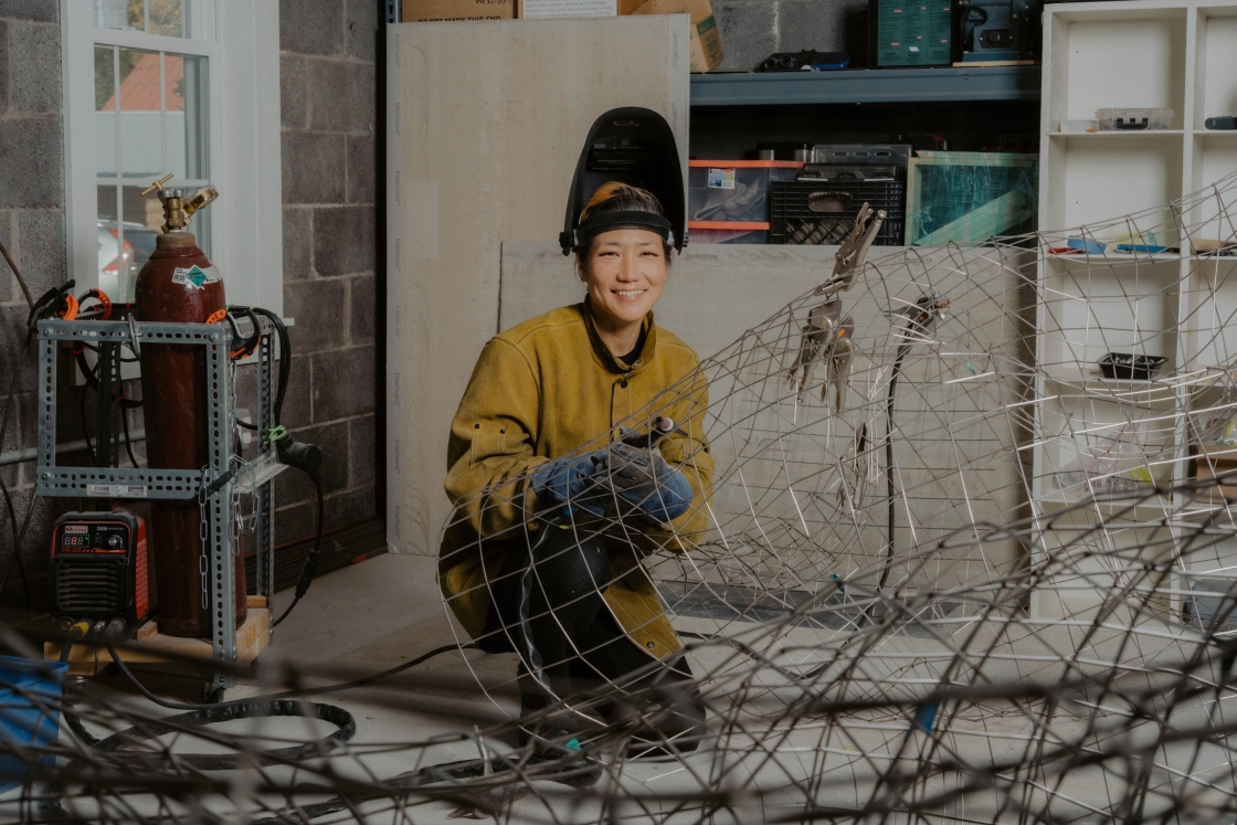 Park in her studio with mesh forms