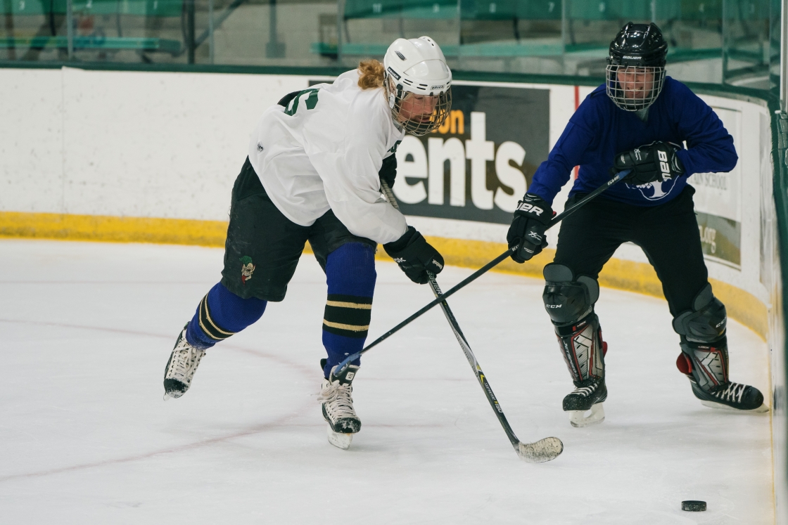 Two people playing hockey