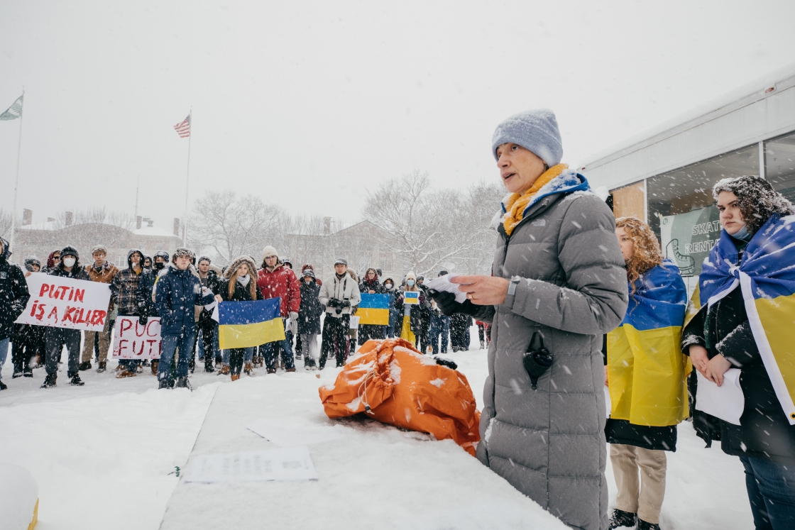German Professor Yuliya Komska speaking at the Ukraine rally in the snow