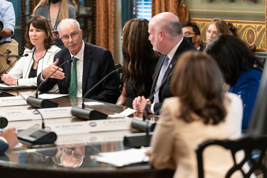 President Hanlon speaking to Vice President Kamala Harris