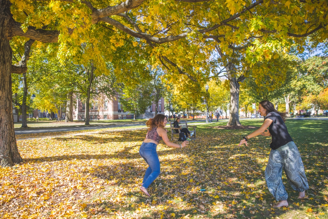Two students dancing under a yellow tree
