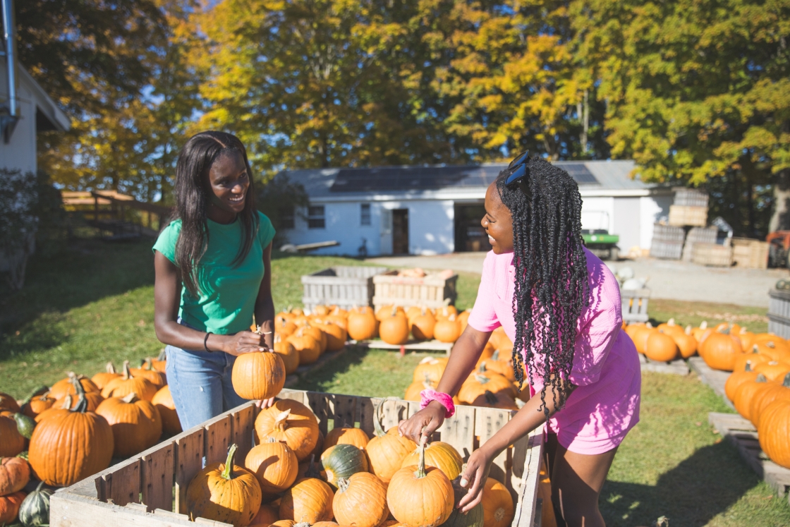 Two students selecting pumpkins from a bin at Riverview farm