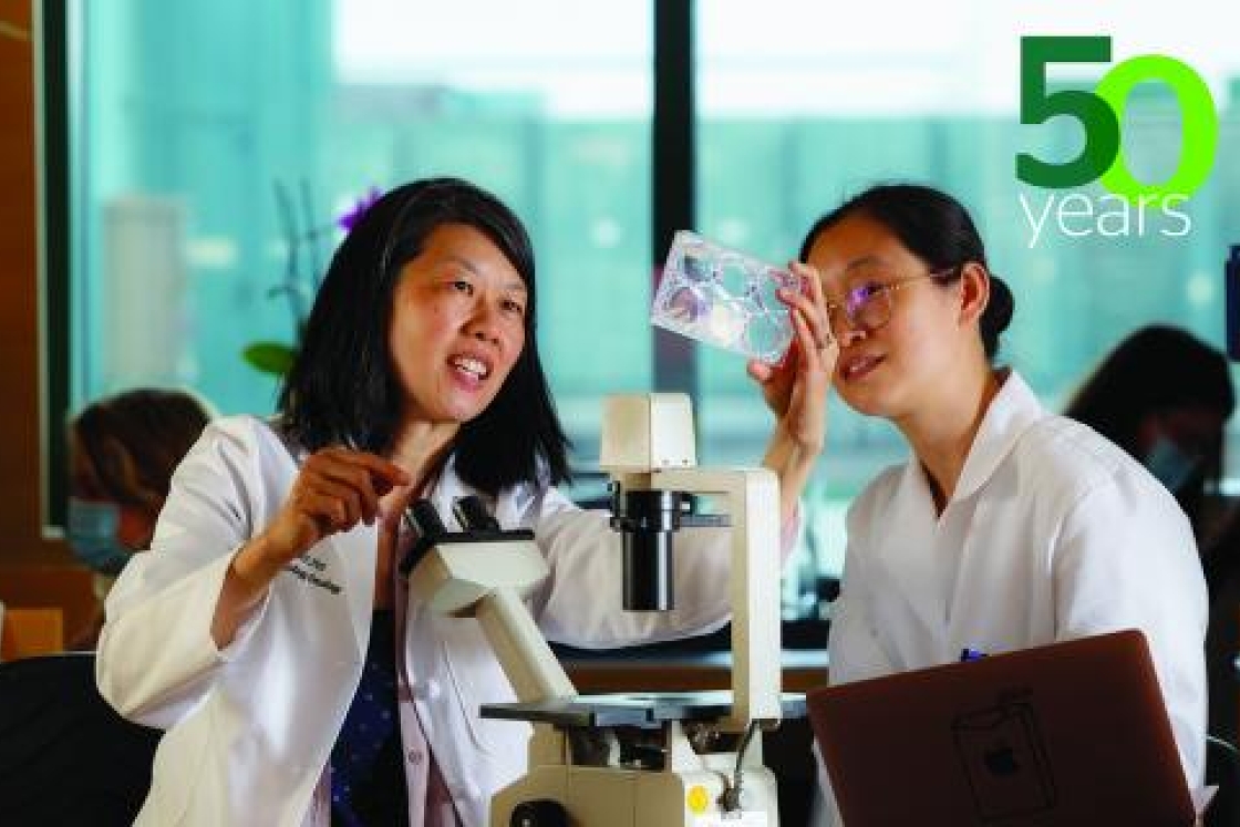 Two scientists looking at microscope slides