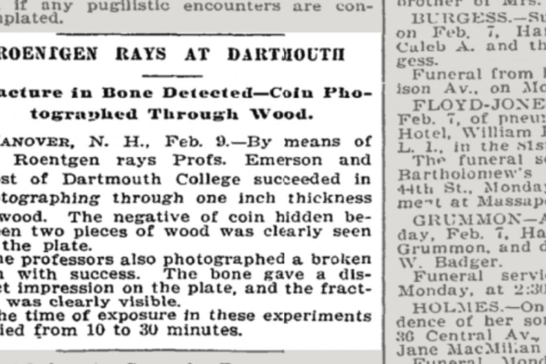 Newspaper clip from the New York Times about the xray at Dartmouth