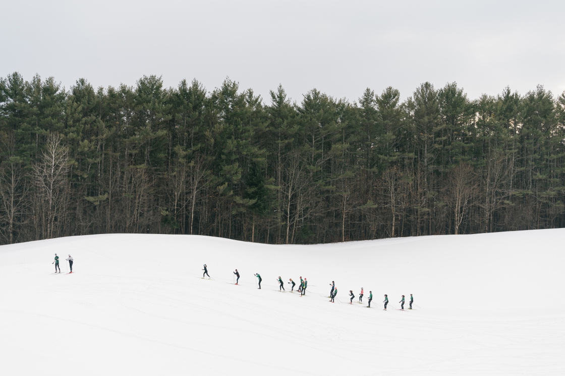 The Nordic ski team practices on fields near Storrs Pond.