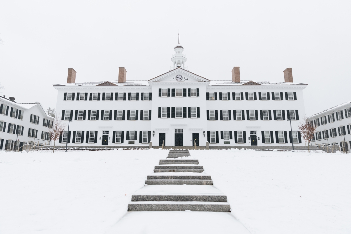 Dartmouth Hall dusted with the first snow of the season.