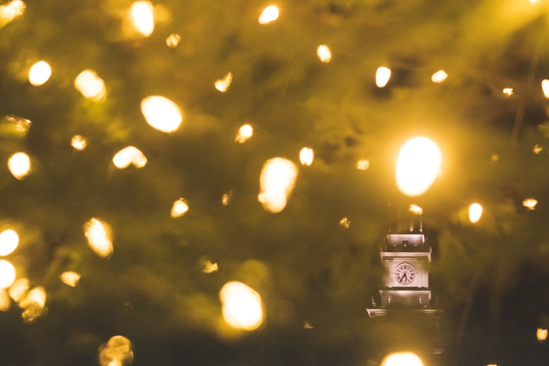 A large Christmas tree is lit in the center of the Green.