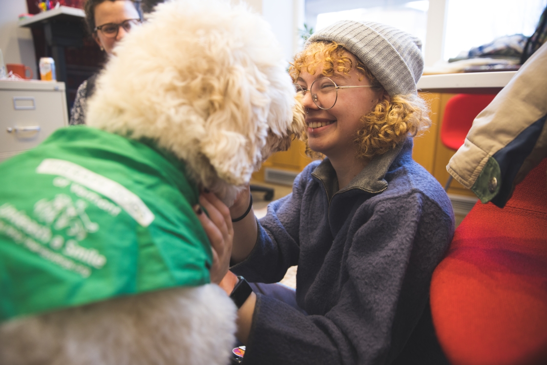 Rosie the goldendoodle with student