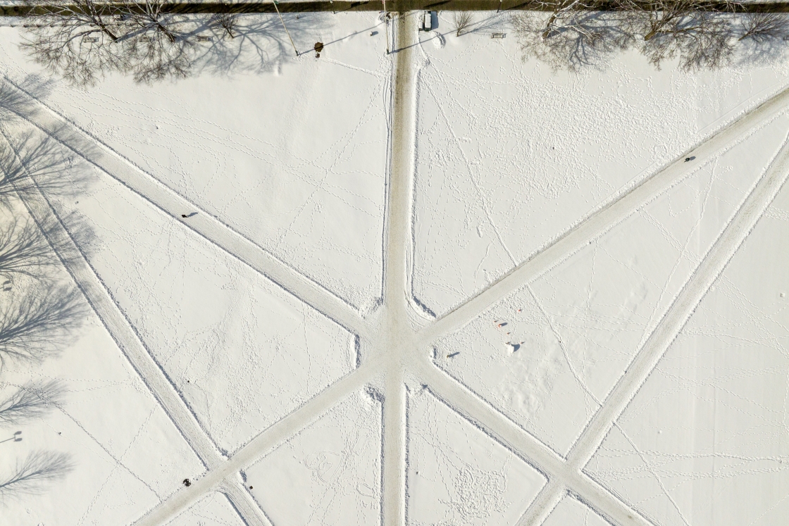 Aerial view of the snowy paths crossing the Green