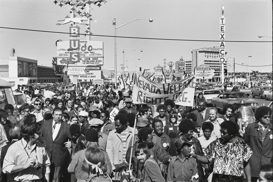 Portion of the Operation Nevada crowd marching down the Vegas Strip.