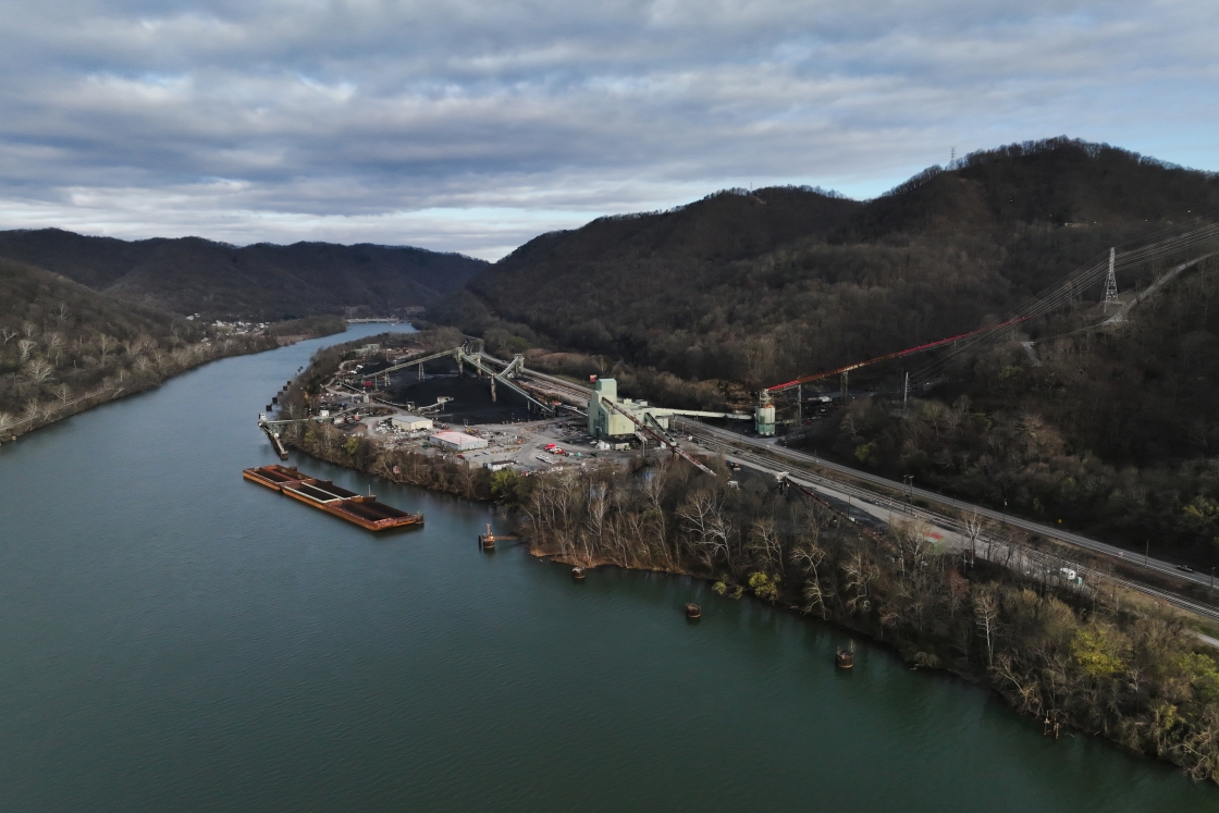 Aerial view of a plant to the right of the Kanawha River
