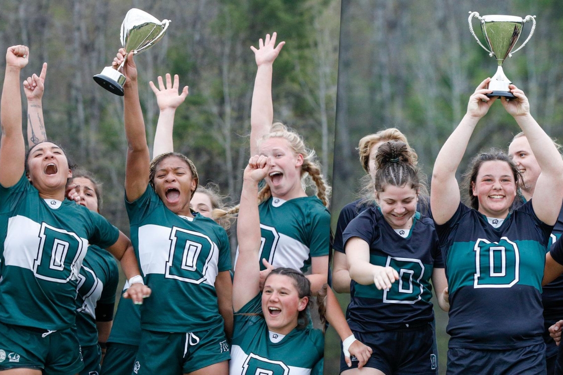 Women's rugby teams celebrating