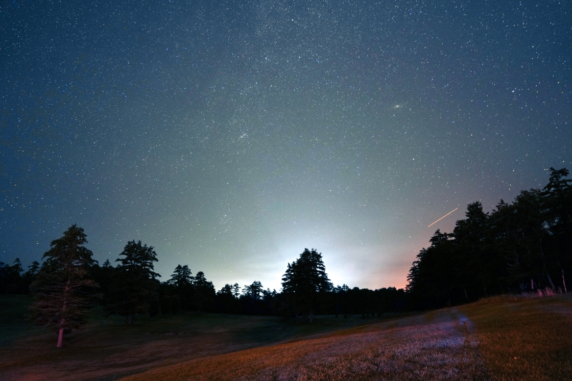 Stars fill the sky over the golf course.