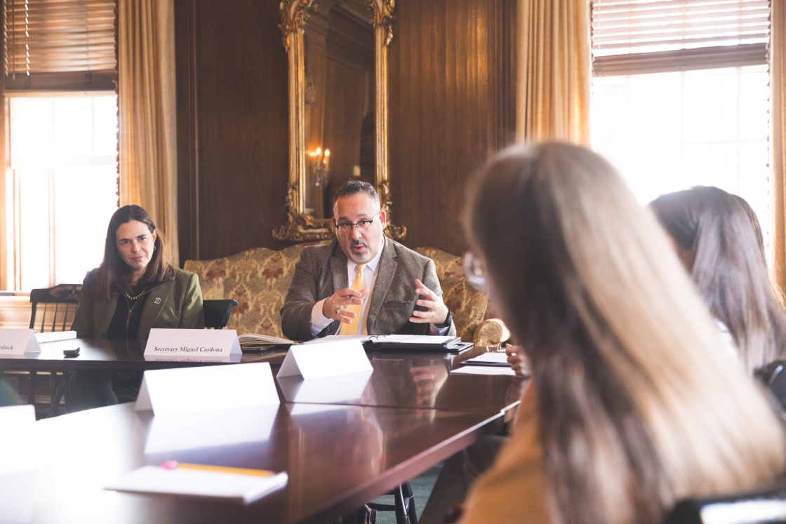 Education secretary and President Beilock in student roundtable