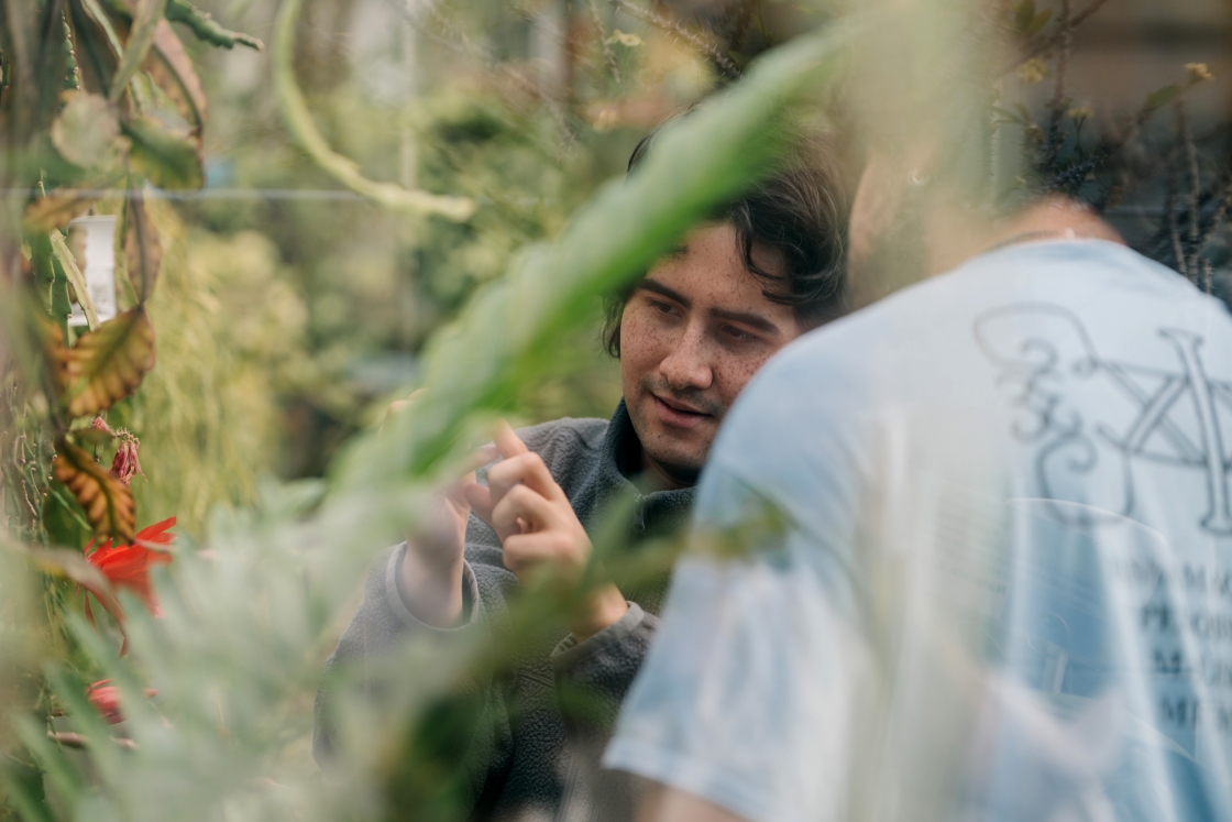 Faustus Miranda '24 examines some of the plants inside the greenhouse