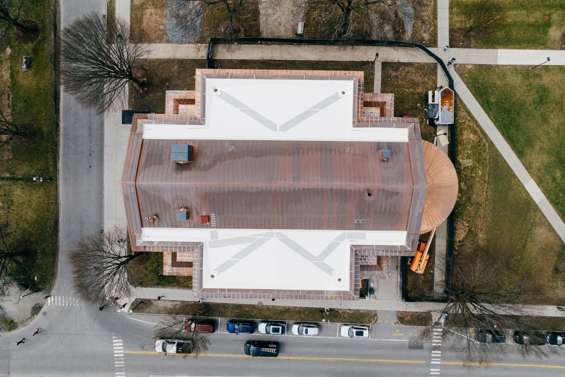 Aerial view of new copper roof on Rauner Library.