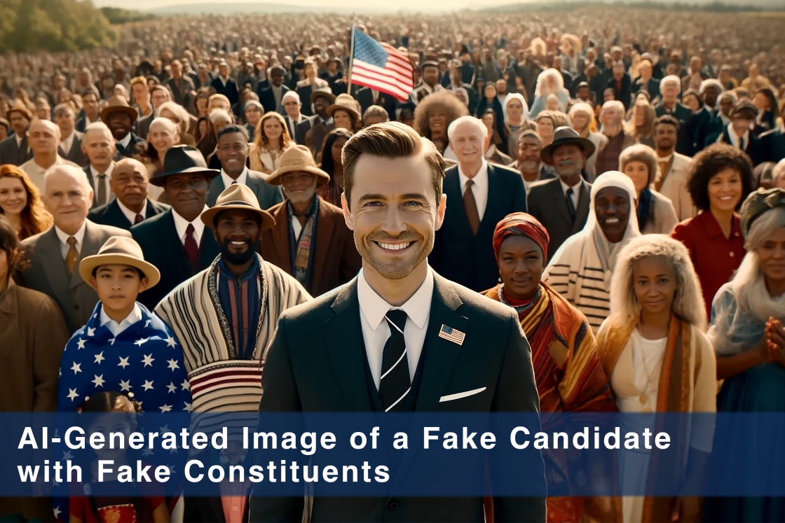 AI-generated image of fake candidate and fake constituents