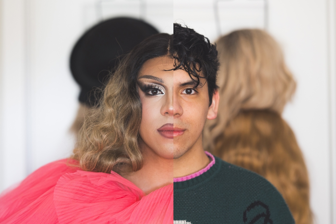A photo composite Jaime in and out of drag.