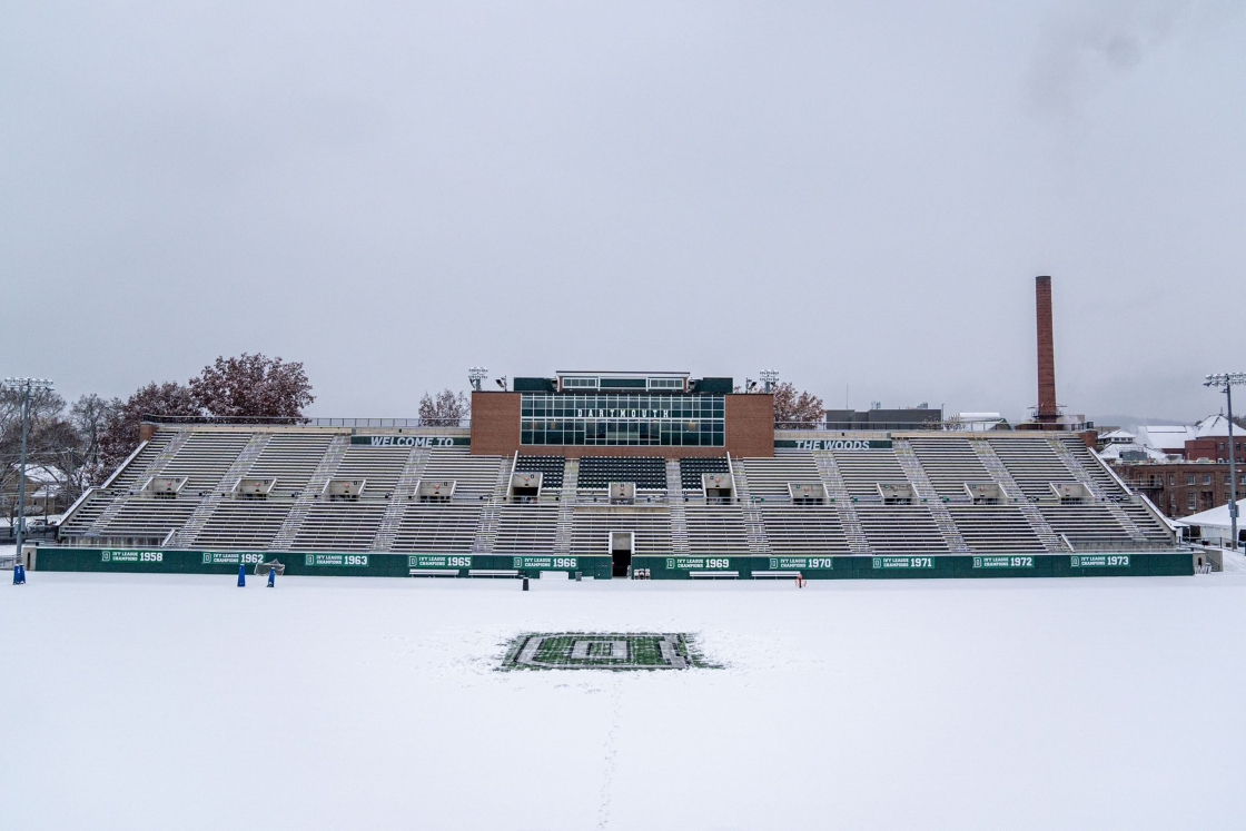 Memorial field blanketed in snow, with the &quot;D&quot; shoveled clear