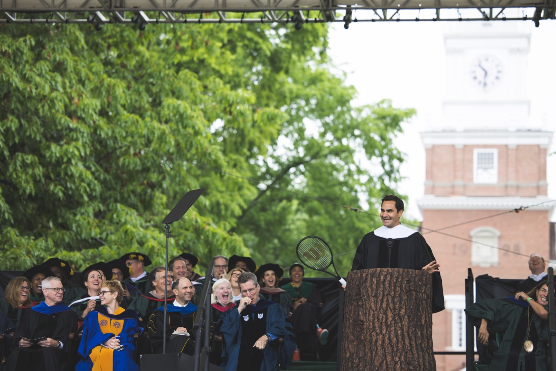 Roger Federer speaking at a podium