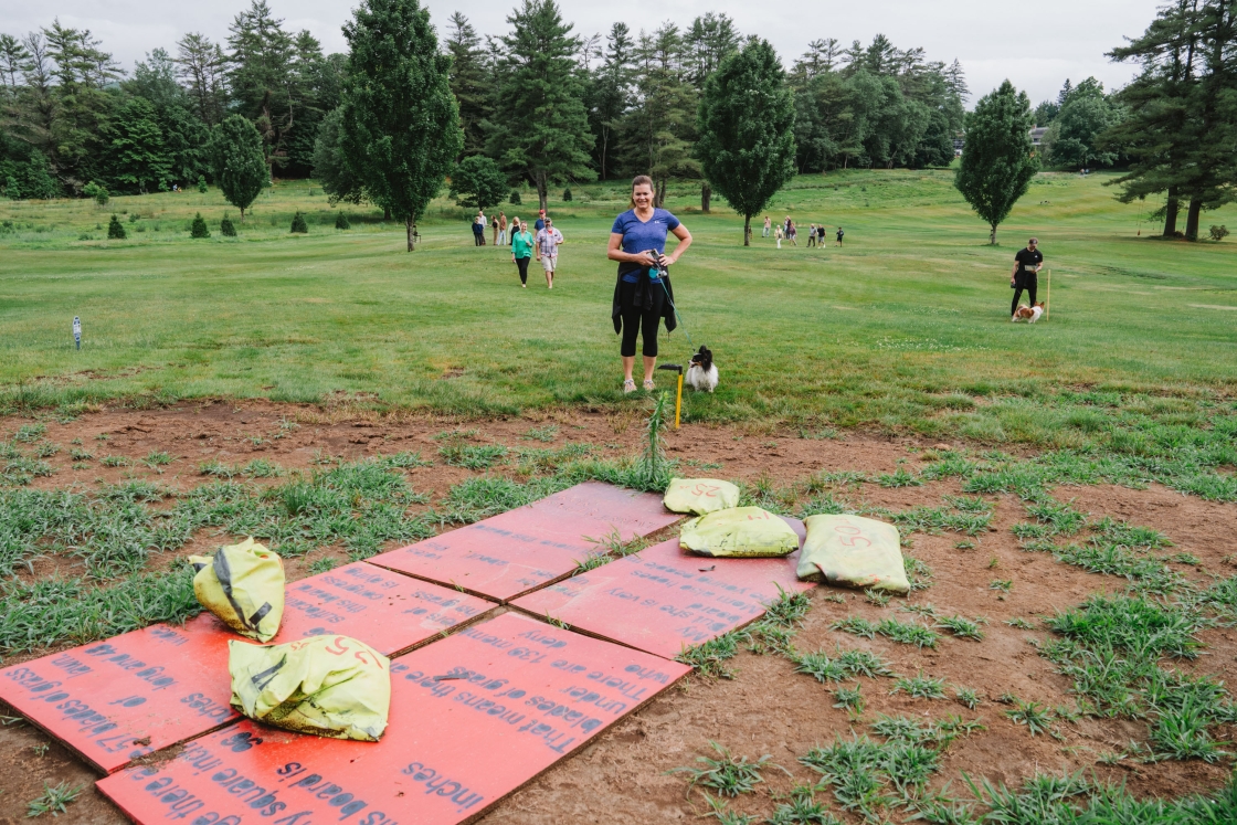 People walk up a hill to panels