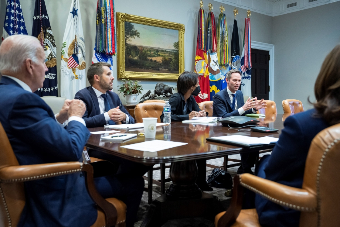 Mike Pyle and other officials briefing President Biden