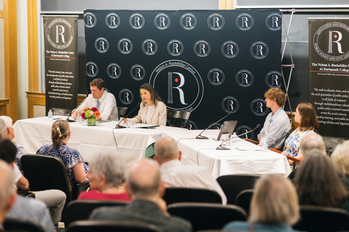 Democratic candidates Colin Van Ostern and Maggie Goodlander spoke at the forum Monday.