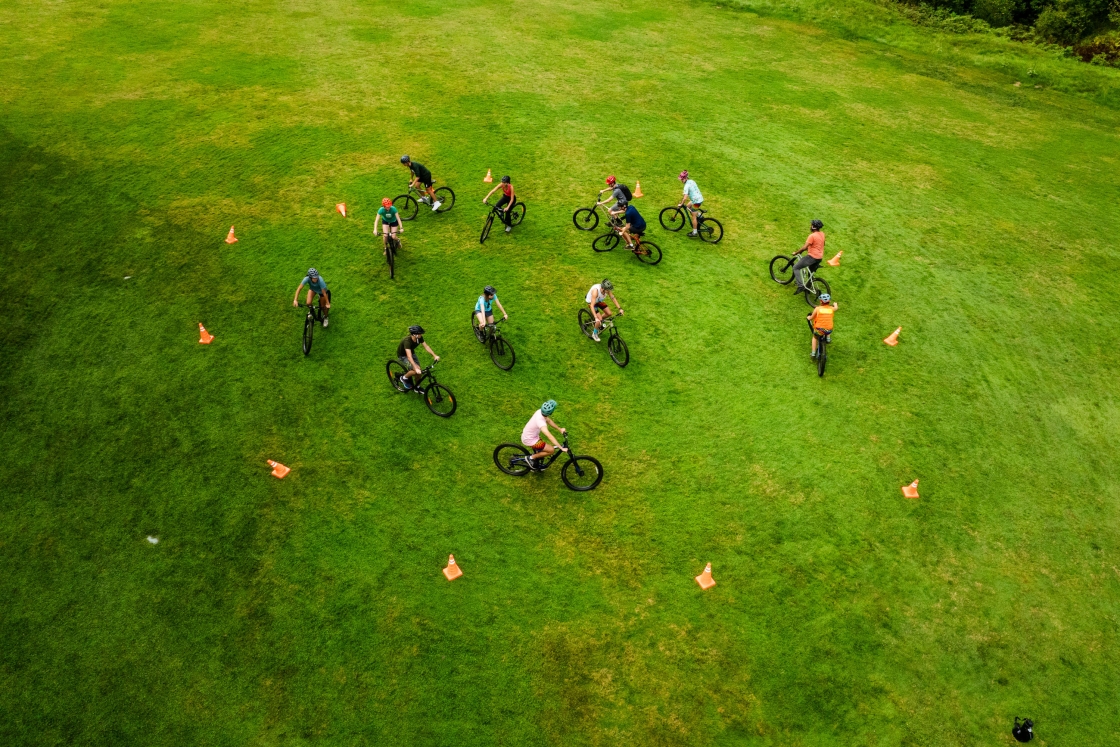 Aerial view of mountain bikers