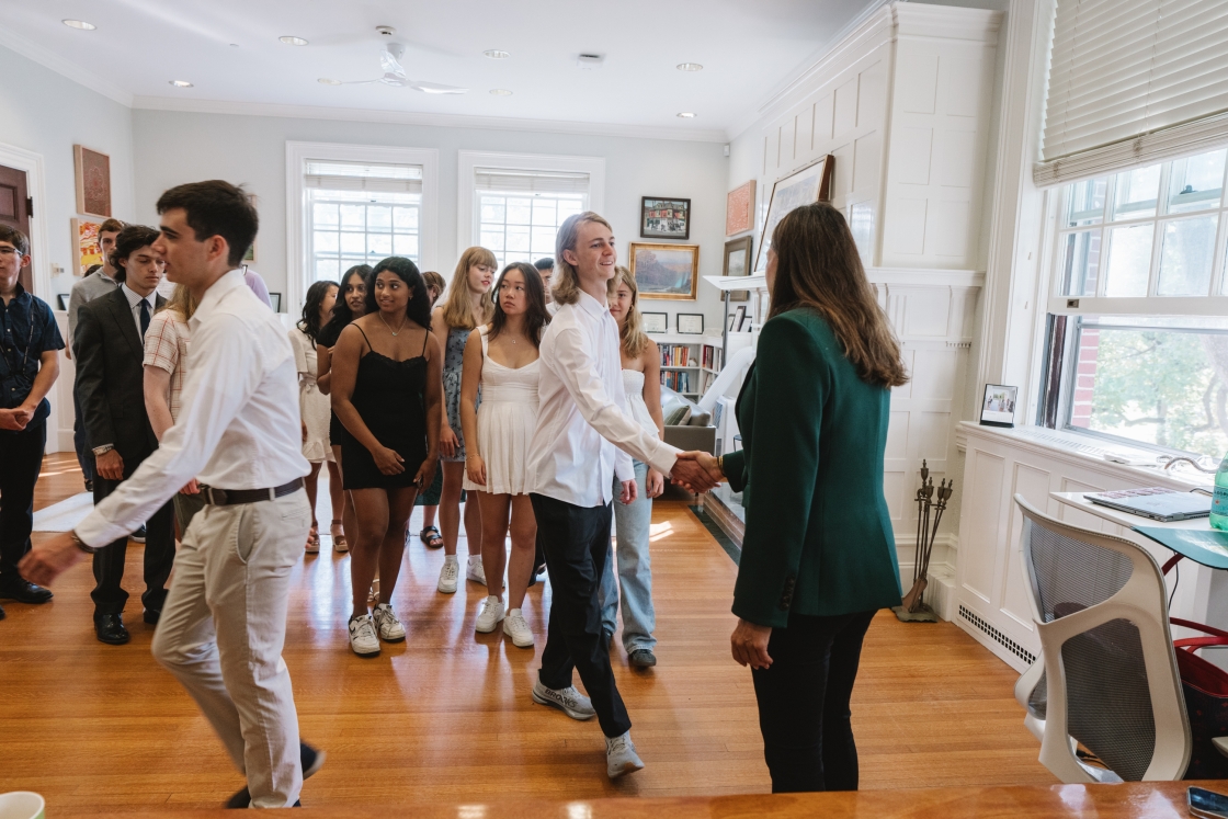 Students shaking President Beilock's hand