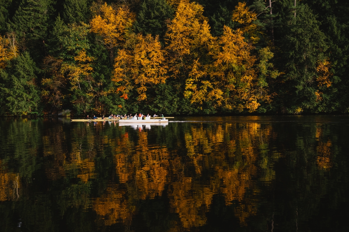 Dartmouth Crew team rows down a Connecticut with orange leaves reflecting in the water