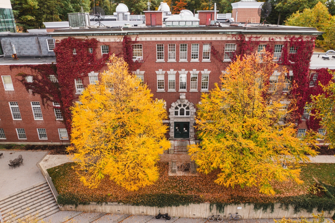 Wilder Hall framed by bright yellow trees and rich red ivy