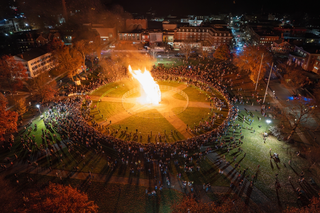 Aerial view of the lit bonfire