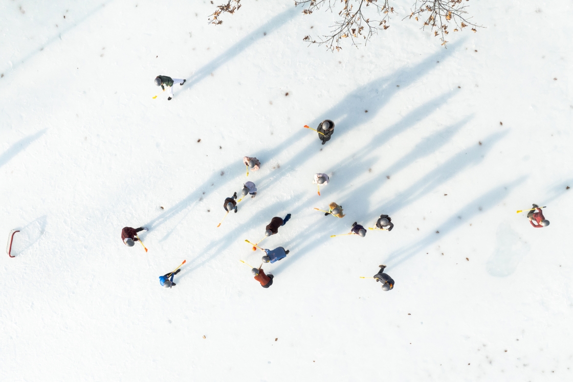 Aerial of students at wintercarnival