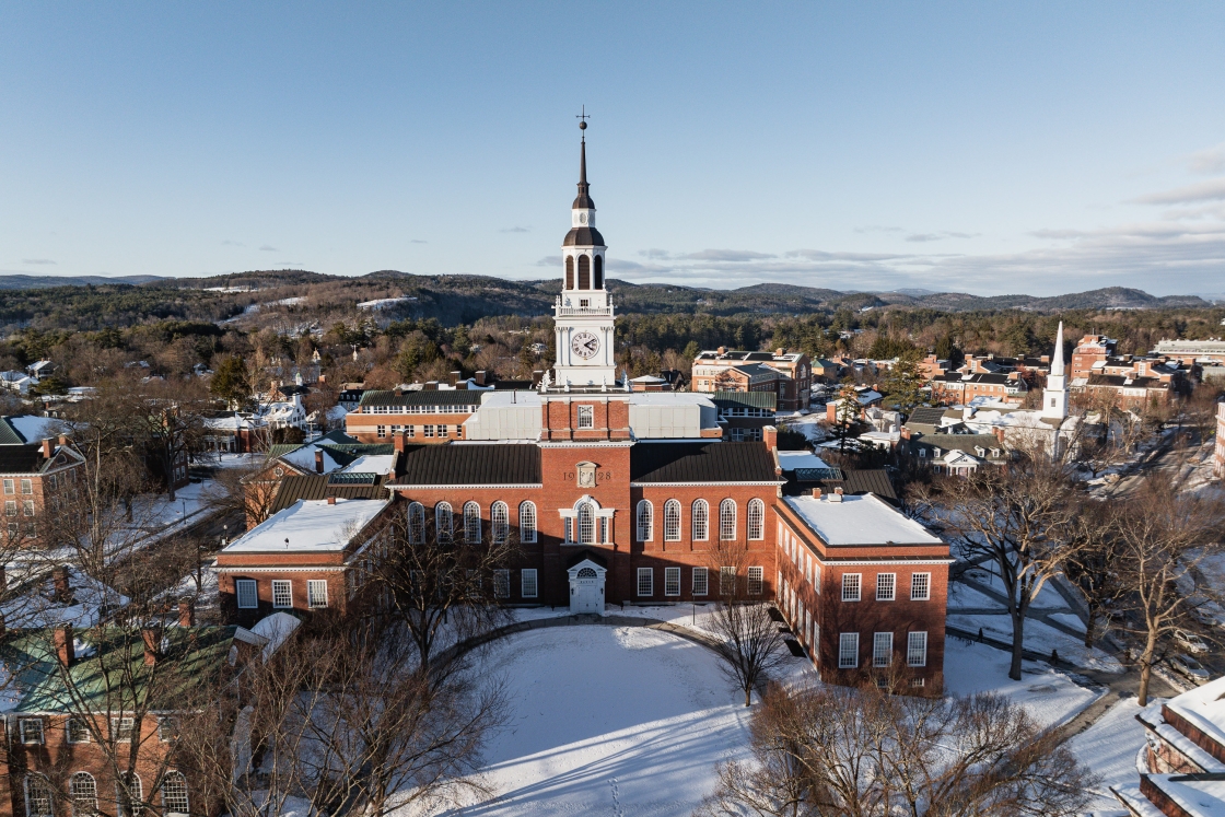 Wide shot of Baker Tower in winter